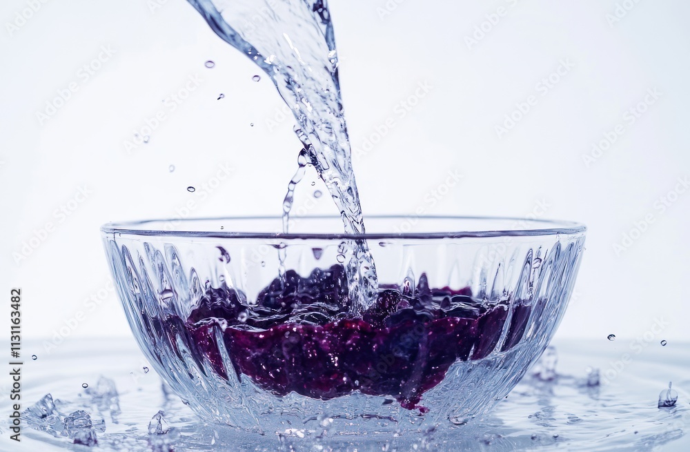 Poster Water splashing into a bowl of berries, creating dynamic droplets and a refreshing scene.
