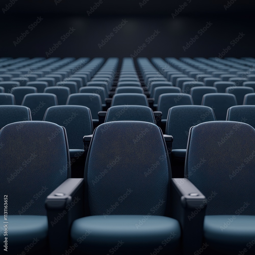 Aufkleber a vast array of empty blue theater seats arranged in rows, creating a sense of anticipation in a dim