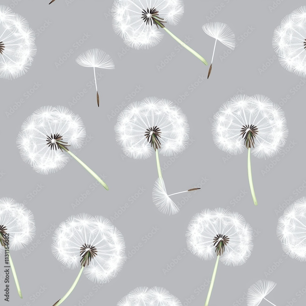 Poster a light gray pattern featuring delicate white dandelion flowers and seeds, creating a soft and airy 