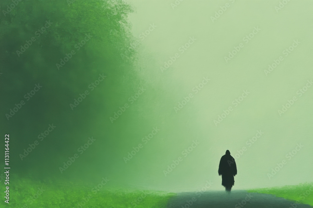 Poster a man is walking down a path in a forest