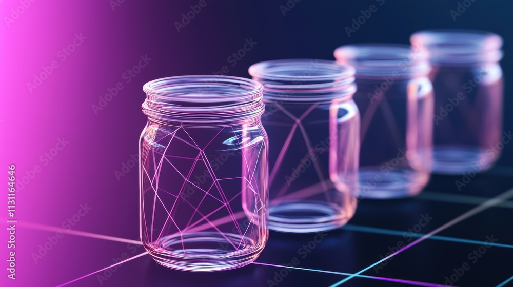 Poster a row of transparent jars with geometric patterns, illuminated by colorful lights, creating a modern