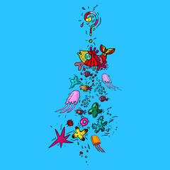 Illustration of fishes, jellyfishes and starfishes. Underwater background.