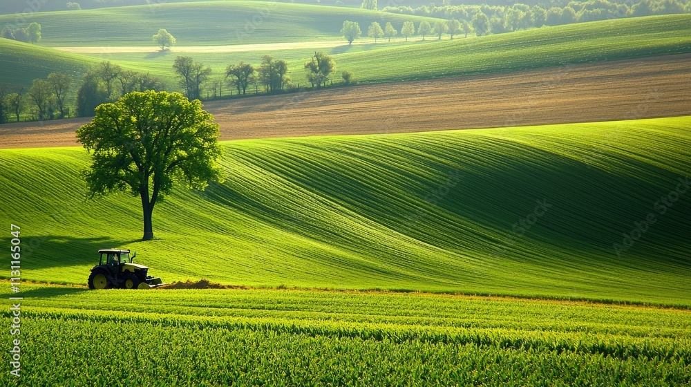 Poster a vibrant green farm field, with a tractor working the soil, showcasing an active day of farming.