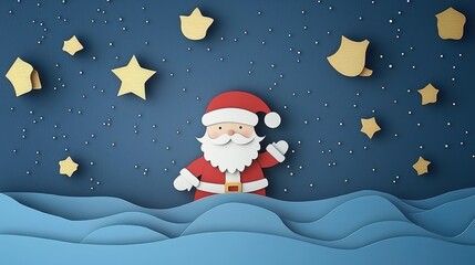 A cheerful Santa Claus waves amidst a night sky filled with stars, depicted in a whimsical paper art style with layered waves below.