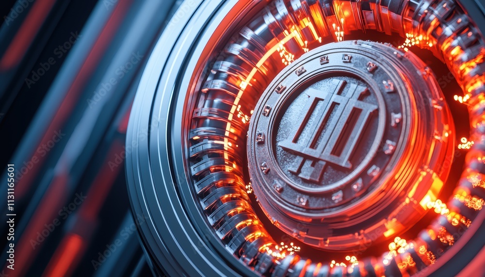 Poster a futuristic, metallic design featuring a circular emblem surrounded by glowing red elements and int