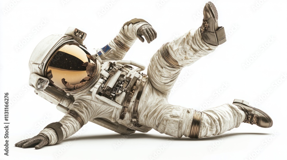 Poster an astronaut in a spacesuit is playfully lying on the ground.
