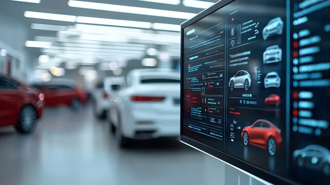 The role of technology in future consumer trends. A high-tech display shows vehicle data in a modern showroom with cars lined up in the background, showcasing an advanced automotive environment.