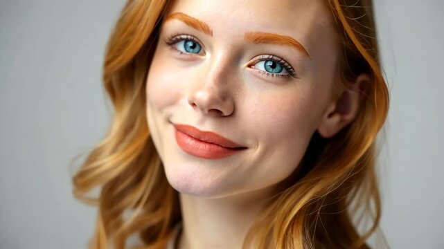 Portrait of ginger young woman with orange hair on white studio background