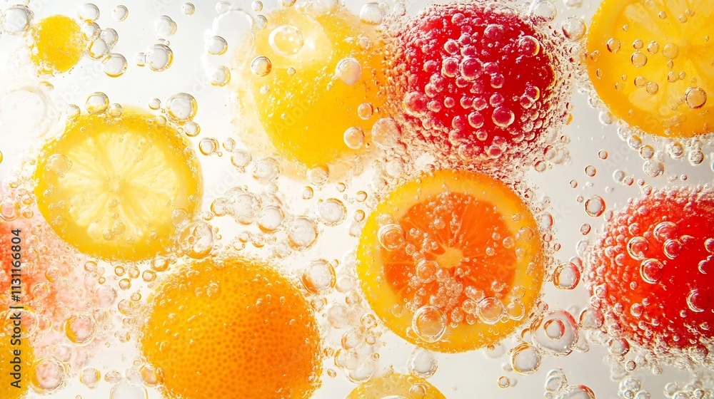 Poster sparkling juice bubbles blending with dynamic motion of vibrant juicy fruits in a composition agains