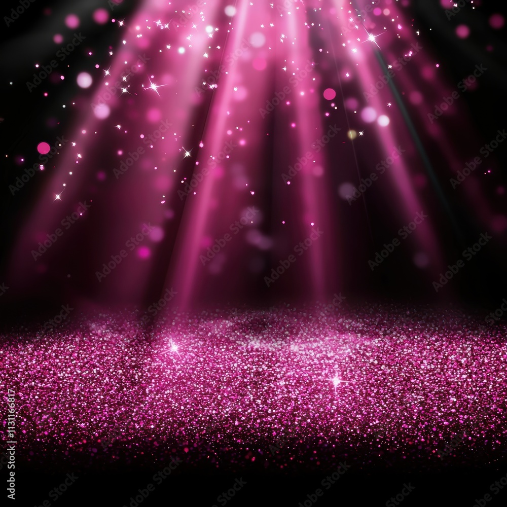 Poster a vibrant display of pink lights and shimmering particles, creating a magical ambiance with beams of