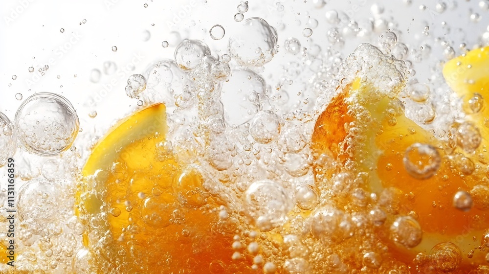 Poster sparkling tropical juice bubbles colliding with colorful fruit slices creating a vibrant motion on a