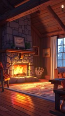 Cozy fireplace in a rustic wooden cabin nestled in a snowy mountain landscape during the winter season  The warm inviting glow of the fire creates a peaceful serene atmosphere inside the traditional