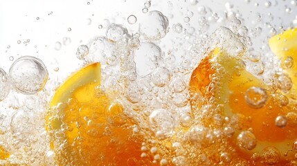 Sparkling tropical juice bubbles colliding with colorful fruit slices creating a vibrant motion on a clean white background
