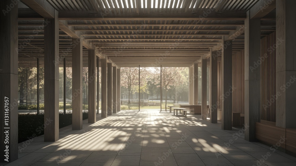 Poster a serene architectural space with wooden beams and natural light filtering through.