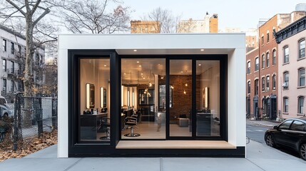 Modern barbershop exterior, minimalist design, city street.