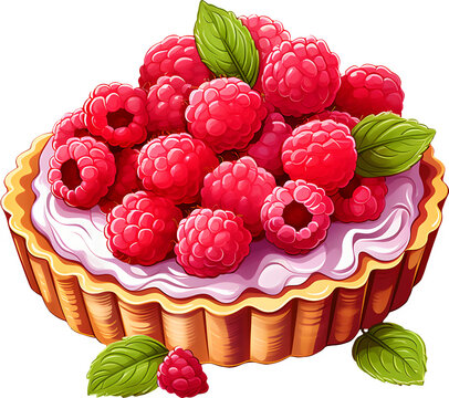 raspberry tart with cream and green leaves clip art preview