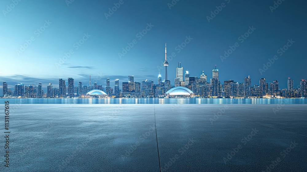 Poster A panoramic view of a city skyline at dusk, showcasing modern architecture and a calm atmosphere.