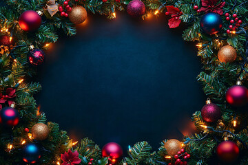 A beautiful Christmas wreath adorned with vibrant ornaments and glowing lights, perfect for holiday greeting cards, festive decorations, and seasonal marketing.