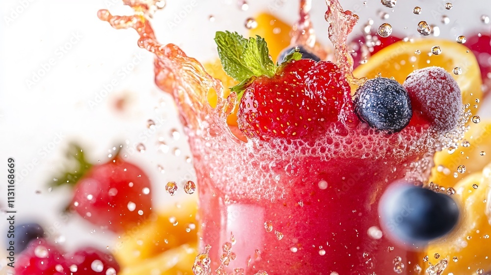 Poster creative smoothie splash with glowing fruit highlights and natural motion isolated on white backgrou