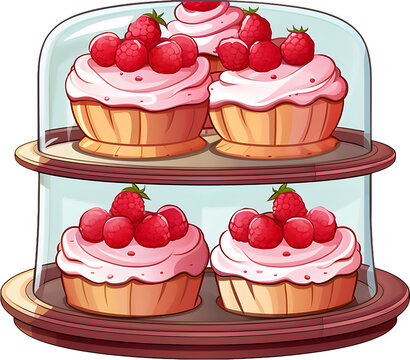 pink cupcakes with raspberries on display clip art preview
