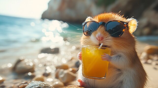 Cute hamster wearing sunglasses and sipping a drink on a tropical beach, embodying the ultimate sunny vacation vibe.