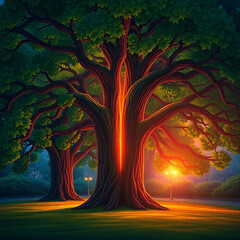 Fototapeta premium Large trees sycamore platanus trees set isolated png on a transparent background perfectly cutout sunset lighting