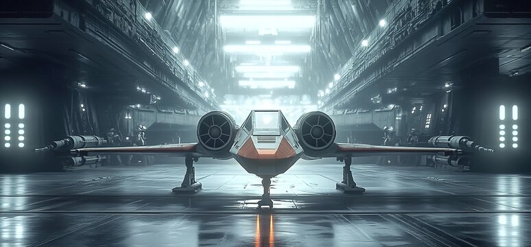A small Star Wars X-Wing fighter sitting in the hangar bay of an Imperial Star Destroyer