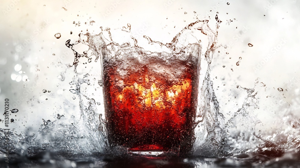 Poster dramatic soda eruption with elegant fizz and dynamic splash patterns elegantly captured against a cl