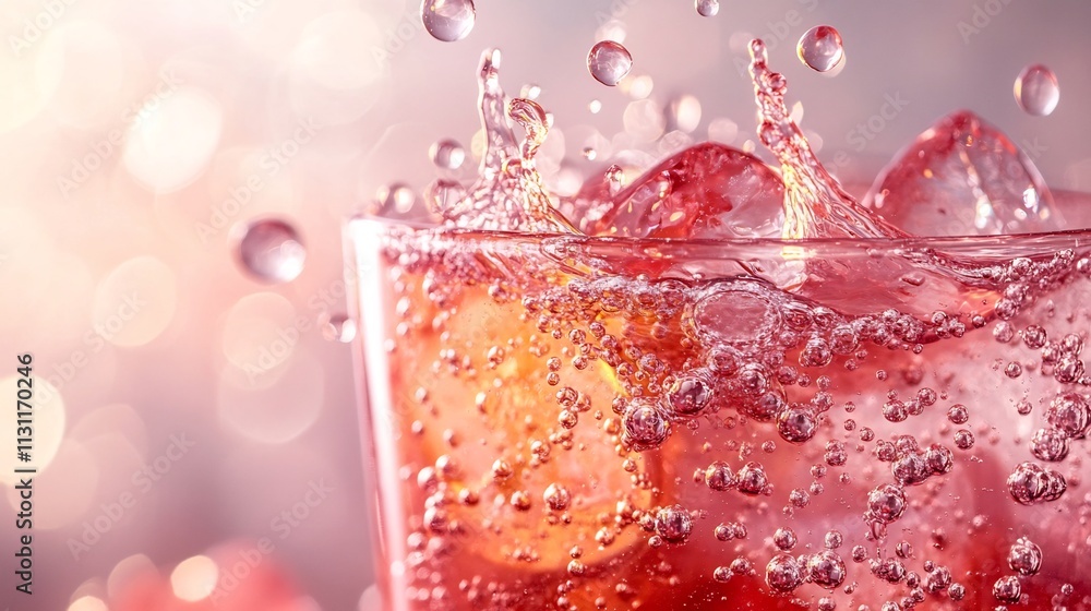 Poster sparkling effervescent bubbles swirling within a vibrant colorful juice splash with glowing highligh