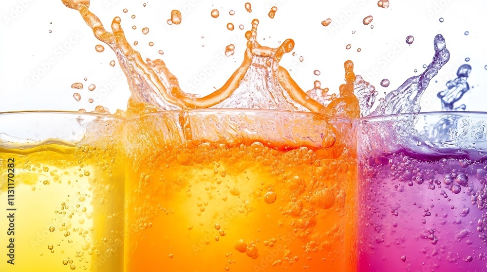 Poster vibrant fruit juice splash blending radiant colors and dynamic liquid energy on isolated white backg