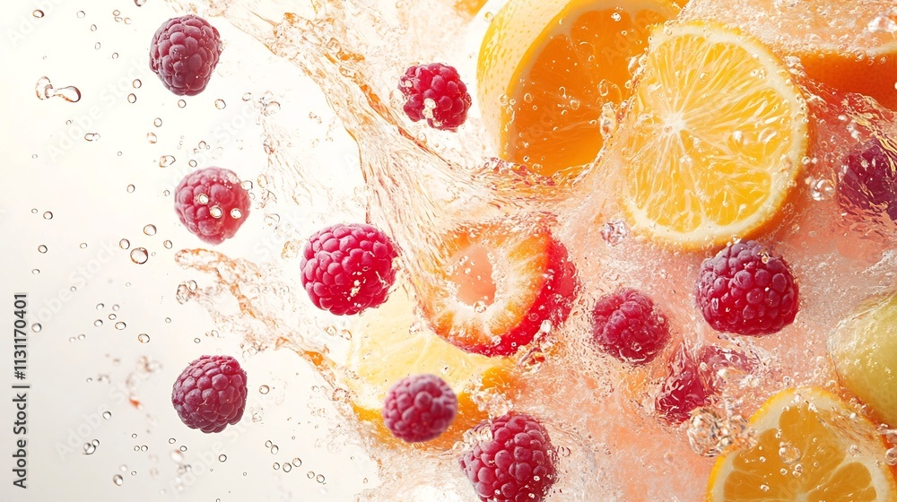 Poster bright and radiant citrus and berry juice explosion with vibrant arcs and droplets isolated on white