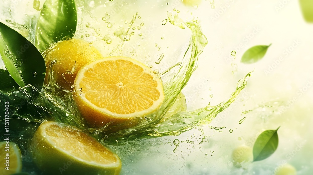 Poster vibrant and dynamic splash of citrus fruit juice with glowing liquid droplets and arcs of motion aga