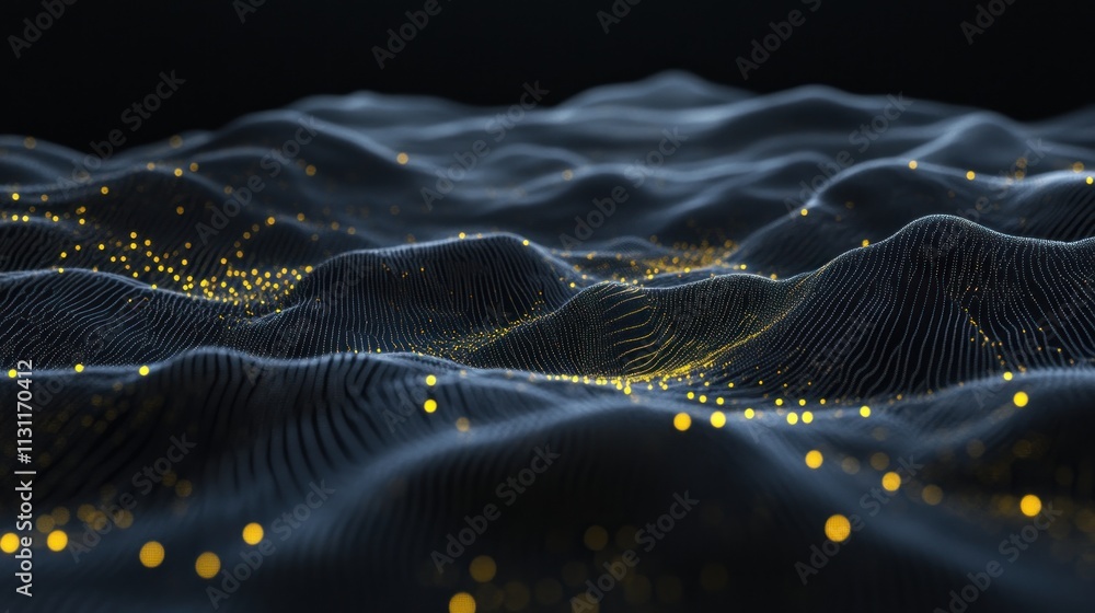 Poster Abstract representation of waves with glowing particles in a dark environment.