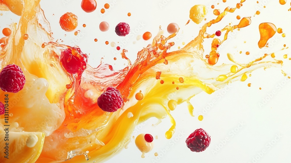 Poster vibrant and dynamic splash of mixed fruits and swirling colorful juices suspended in motion on a cle