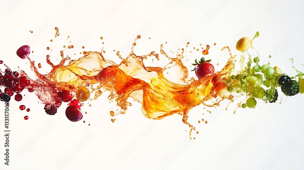 Poster and dynamic splash featuring a mix of colorful fruits and juices in swirling energetic motion captur