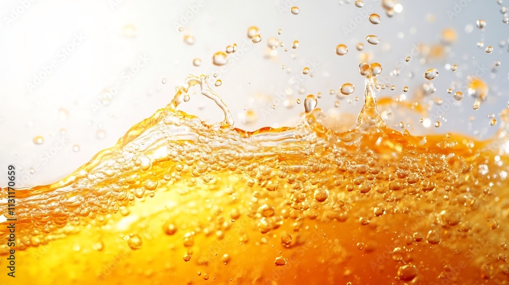 Poster sparkling juice splash with shimmering effervescent bubbles radiating a vibrant glowing energy on a 