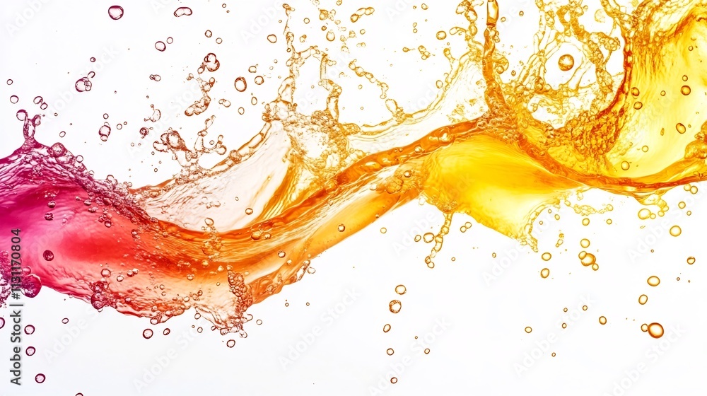 Poster vibrant and colorful fruit juice splash with sparkling effervescent bubbles frozen in dynamic motion