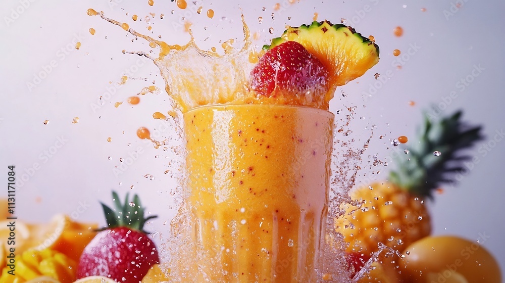 Poster vibrant and dynamic motion of tropical fruits like pineapple strawberry and orange splashing into a 