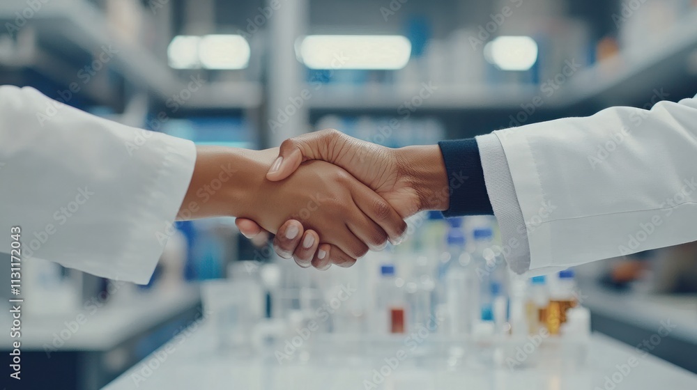 Poster two hands shaking in a lab setting, symbolizing collaboration in science or healthcare.