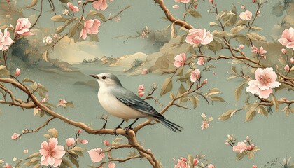 Obraz premium Delicate Bird Perched on Blooming Cherry Blossom Branch in Tranquil Floral Garden Scene