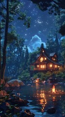 Fototapeta premium Cozy rustic wooden cabin nestled in a serene forest surrounded by towering trees with a glowing reflection in the tranquil river below and a breathtaking starry night sky overhead