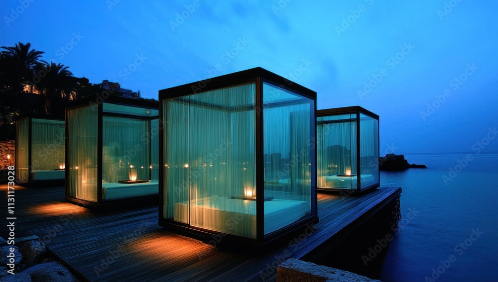 Poster elegant glass pavilions by the water at twilight, creating a serene and luxurious atmosphere.