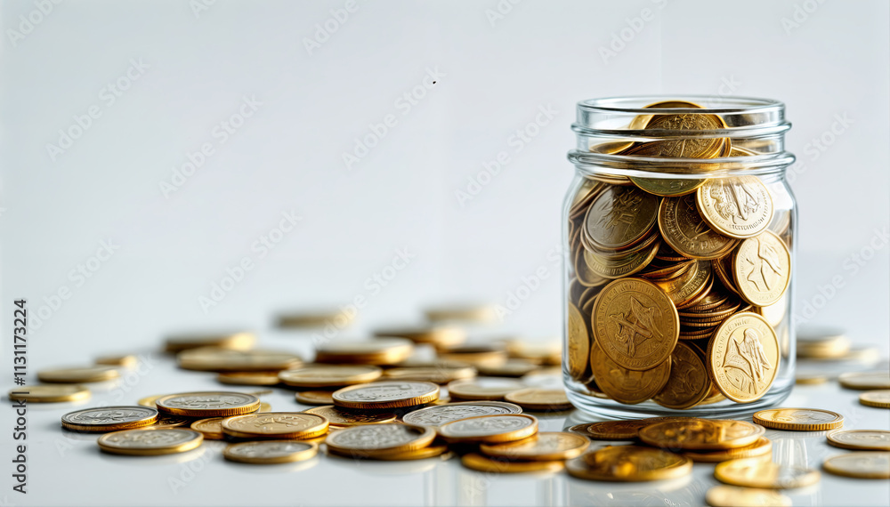 Poster a clear glass jar is filled with shiny golden coins, while many more coins are scattered around on a