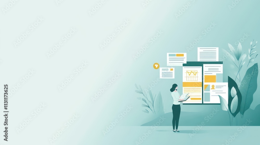 Poster A person reviewing data and reports in a modern, minimalistic workspace.