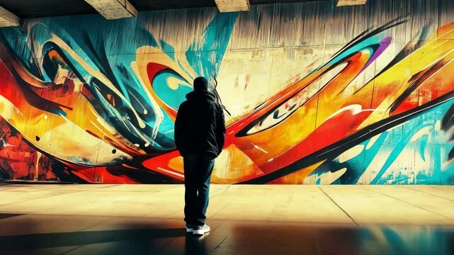 Male silhouette look at bright colorful modern street art, textured wall. Urban artwork, city culture. Cool stylish Graffiti splashes. Orange blue red colors.