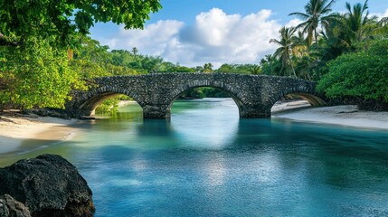 Naklejka premium A stone bridge spanning the lagoon is surrounded by a soft white sandy beach with tropical greenery background wallpaper AI generated image