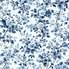 Elegant Blue and White Floral Botanical Vintage Seamless Pattern Background