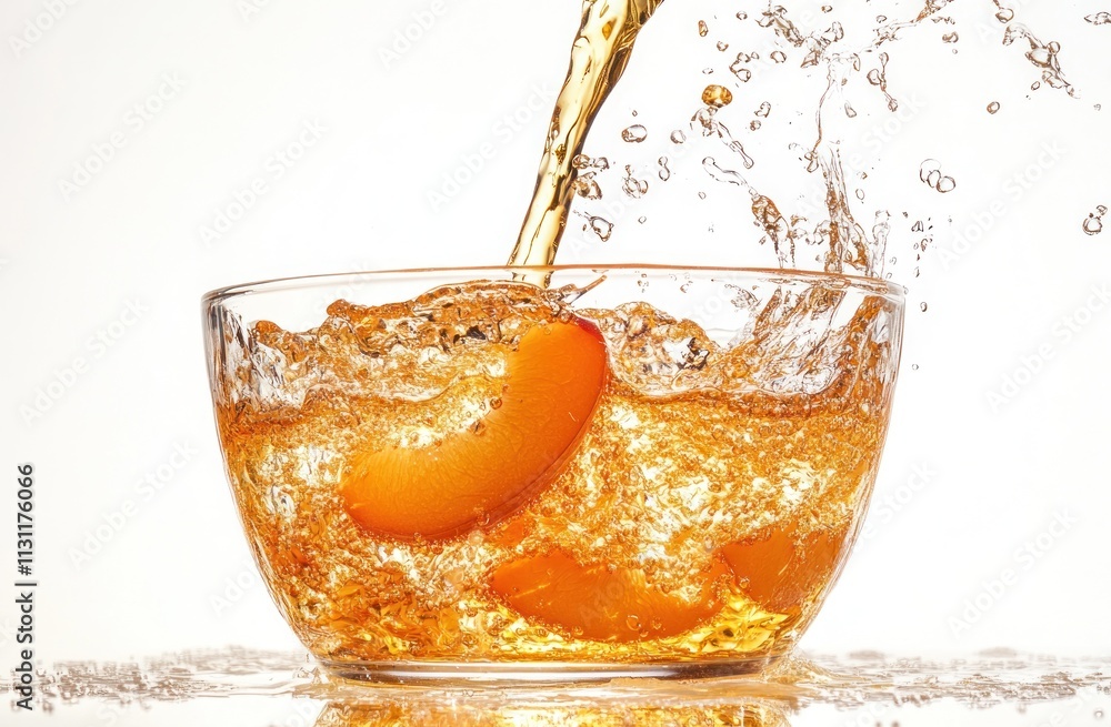 Poster a bowl filled with sparkling beverage and orange slices, creating a refreshing splash.