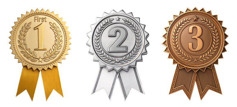 Set of three badges for first three winners . Gold, silver and bronze badges. isolated on transparent background with a clipping path	
