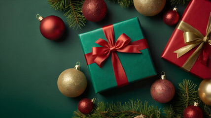 Fototapeta premium A beautifully wrapped Christmas gift rests on a decorated surface, surrounded by festive ornaments and holiday cheer.
